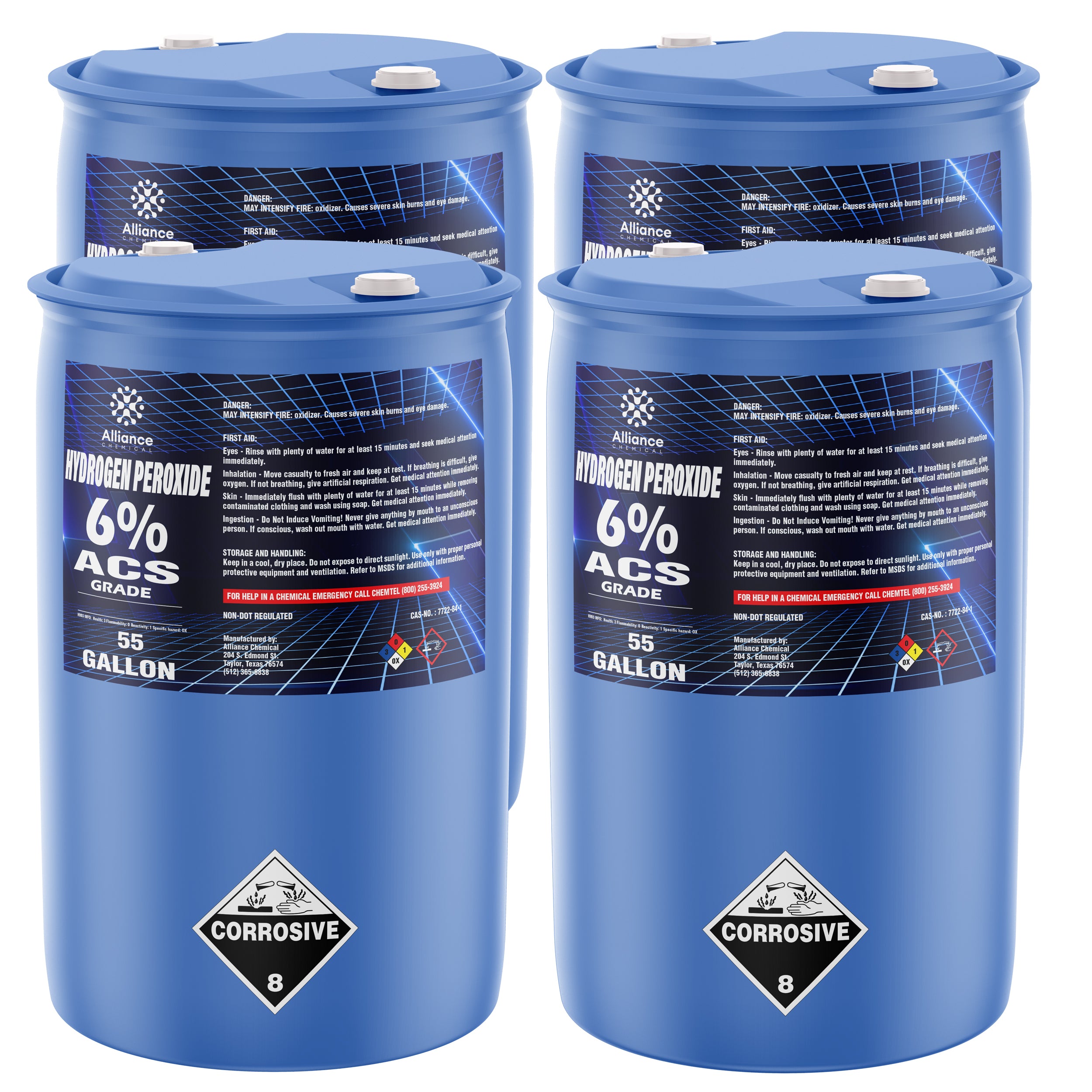 55-gallon blue drums of 6% ACS-grade Hydrogen Peroxide by Alliance Chemical, featuring corrosive warning labels, NFPA diamond, and safety handling instructions.